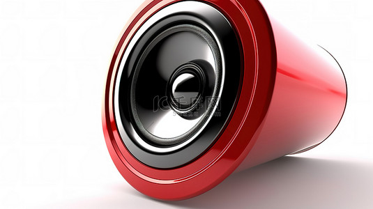白色背景上带有音量按钮的红色概念音响扬声器的 3D 渲染设计