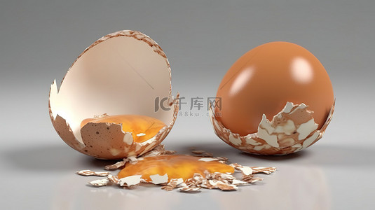 孤立的白色背景 3D 渲染完整的鸡蛋和破裂的蛋壳