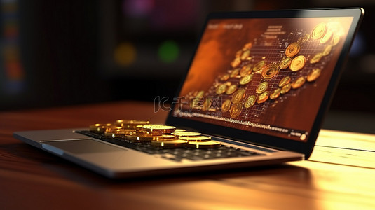 3D 插图笔记本电脑和代表财富和商业的加密货币