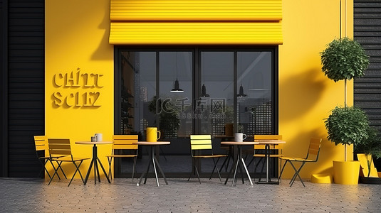 戶外桌椅背景图片_明亮的黄色户外咖啡店的 3D 渲染，带有空标志和桌椅
