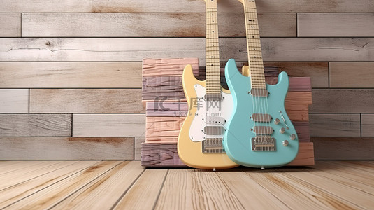 乡村环境中托盘木上的柔和色调电吉他 3D 渲染