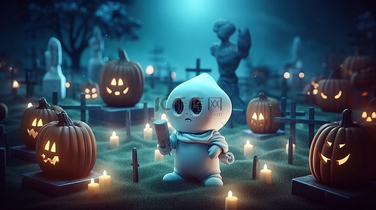 在阴森的满月之夜，墓地里可爱的幽灵用 3D 设计庆祝万圣节