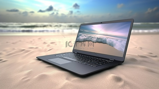 沙滩上的笔记本电脑逼真的 3d 渲染