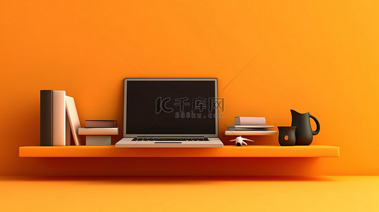 橙色架子背景横幅上笔记本电脑的 3D 插图