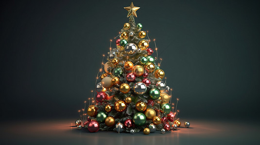 3D 渲染节日圣诞节和新年树的插图，装饰着球和弓