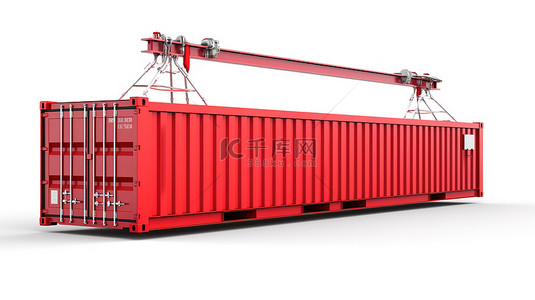 在白色背景 3D 渲染上运输带有起重机吊钩的空红色集装箱