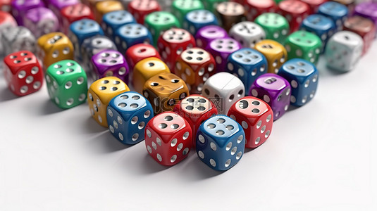 在赌场赌博，在白色背景 3d 渲染的不同位置上收集五彩游戏骰子