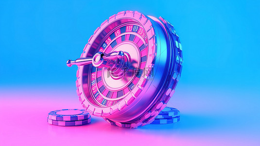 粉红色背景，双色调风格和蓝色赌场轮盘赌轮，周围是扑克赌场筹码 3D 渲染