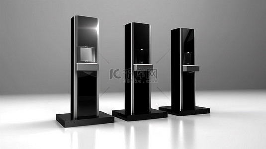 各种角度的时尚黑色液晶亭支架 3D 渲染用于贸易展览摊位