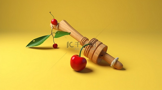 绿色绿叶背景图片_警示性木制射弹玩具和多汁的樱桃，叶子在充满活力的黄色背景 3D 概念化