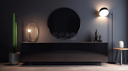 优雅的黑色餐边柜配有装饰和照明玻璃门，安装在客厅墙壁上，配有电视柜和电视 3D 渲染