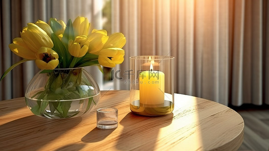 创意生活背景图片_室内生活空间充满活力的郁金香花束优雅的金蜡烛清爽柠檬水在木桌上 3D 渲染