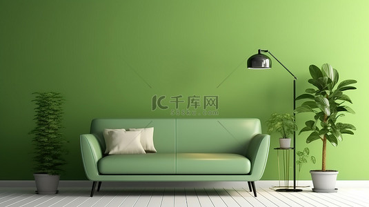 绿色墙壁背景客厅的 3D 渲染强调生态友好设计