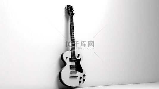 单色电吉他，白色背景上有六弦，在 3D 渲染中靠在墙上