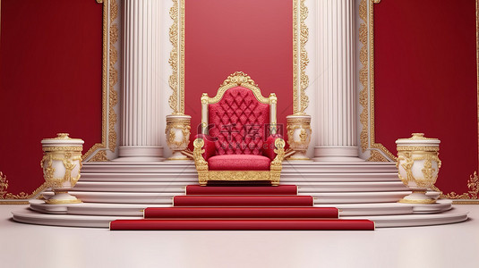 3d楼梯背景图片_带楼梯和红地毯的高架平台，配有 VIP 3D 渲染的富丽堂皇扶手椅