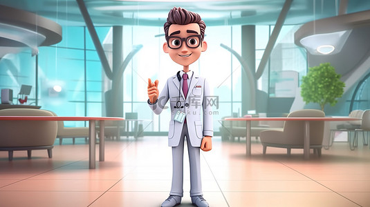 医生医院卡通背景图片_男医生张开手掌和复制空间在医院设置卡通风格 3D 渲染