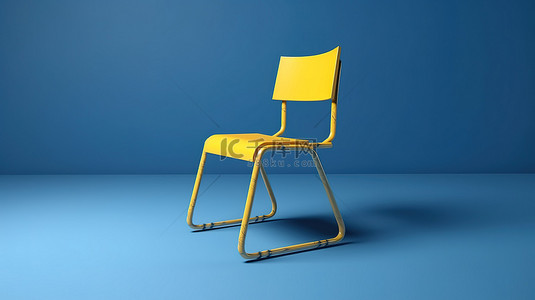 充满活力的 3D 渲染时尚的黄色学生椅，设置在凉爽的蓝色背景上