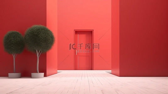 青山背景墙背景图片_景观中带红门的抽象背景的 3D 渲染