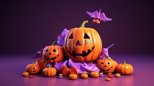 传统的 10 月庆典 3D 渲染快乐万圣节与杰克奥灯笼糖果蝙蝠和紫色背景上的坟墓