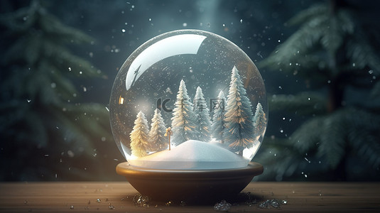 圣诞节球水晶球背景图片_迷人的节日贺卡 3D 插图童话场景与水晶球杉树落雪和逼真的装饰