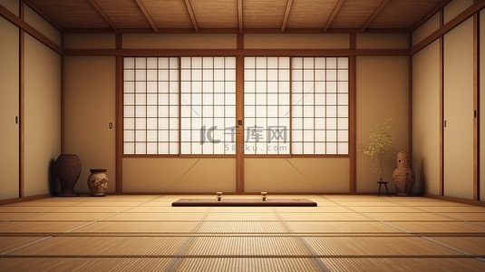 日式榻榻米背景图片_宁静的日式禅宗房间，配有传统的榻榻米地板和 3D 渲染的木墙组合