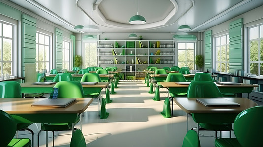 教育手机背景图片_现代教室的时尚 3D 渲染，配有绿色座椅现代书桌和衣柜