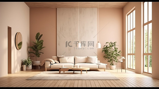 3D 家居渲染中别致的米色当代客厅家具