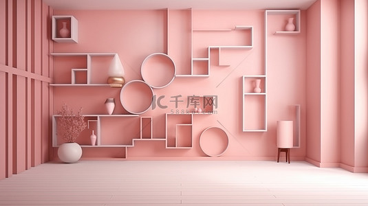 粉红色墙壁场景上的几何形状，白色木质纹理 3D 渲染