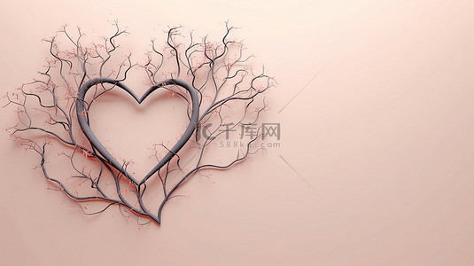 爱情花背景图片_心形树枝的 3d 渲染，带有文本空白