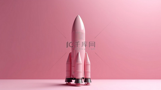 粉红色背景上火箭或宇宙飞船的孤立 3D 渲染
