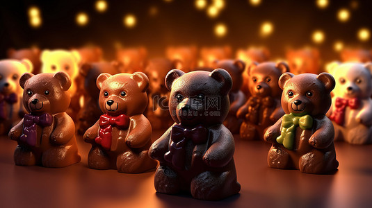节日背景下活泼的巧克力泰迪熊的 3D 渲染