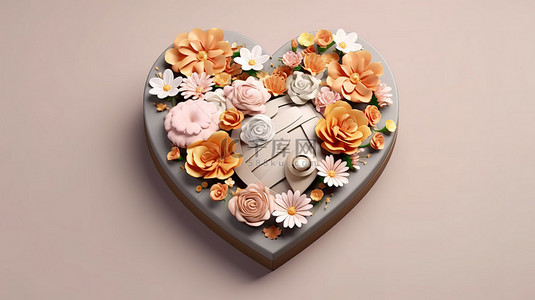 浪漫 3D 渲染心形盒子，配有花束和蝴蝶结，适合情人节横幅