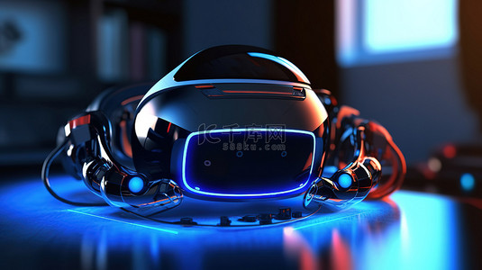 现代 VR 耳机和操纵杆在光滑的桌子上的 3D 渲染，说明了虚拟现实和元宇宙的概念