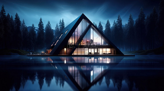 湖林环境中未来派三角形房屋概念的 3D 插图，可欣赏令人惊叹的营地夜景