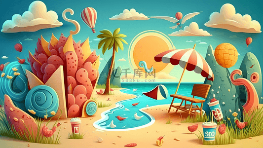沙堆背景图片_夏天海滩热气球遮阳伞卡通插画背景