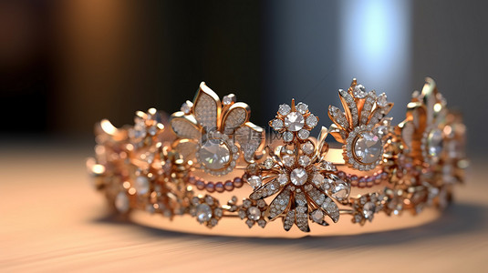 钻石王冠背景图片_优雅的新娘头饰 3D 插图，适合奢华珠宝系列