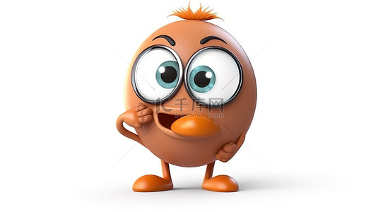 卡通放大鏡背景图片_棕色鸡蛋吉祥物的 3D 渲染和白色背景上的放大镜