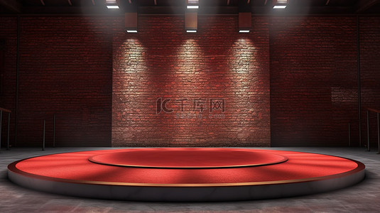舞台灯gif背景图片_现代金属舞台灯红地毯和讲台对砖墙的 3D 渲染