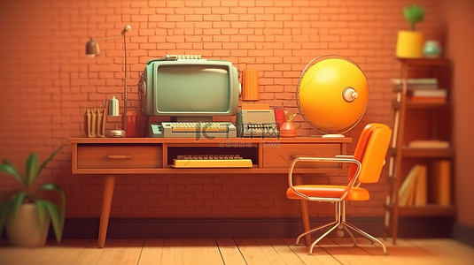 卡通风格复古工作区电脑鼠标键盘和桌子上的椅子的奇特低聚 3D 渲染