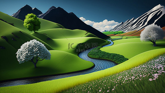 远山河流背景图片_草地植物自然山