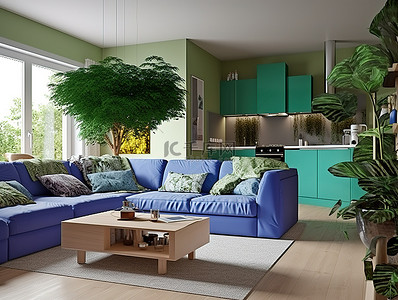 客厅的颜色是明亮的绿色和蓝色