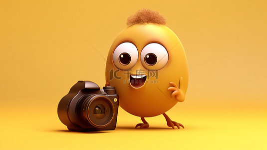 食品展示背景背景图片_黄色背景展示了一个由棕色鸡蛋制成的 3D 渲染吉祥物，配有现代数码相机