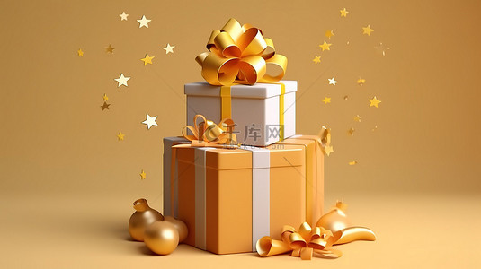 优质生日快乐设计，配有礼品盒金星和 3D 渲染