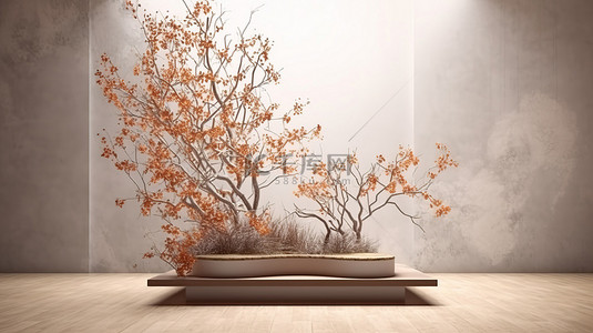 春天的树叶背景图片_春天的树叶点缀着 3D 渲染的工作室，高架讲台