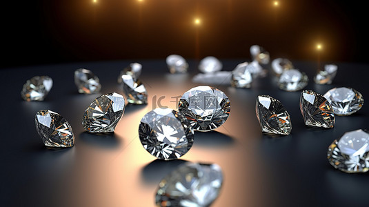 闪光背景图片_3D 渲染中排列在闪亮表面上的钻石簇