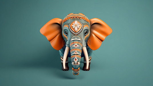 大象图腾背景图片_彩色 3D 渲染蒙面大象，摆出俏皮的姿势
