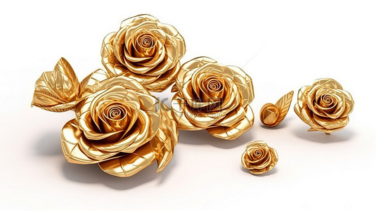 白色浪漫背景图片_白色背景上金玫瑰装饰花卉元素的 3D 插图