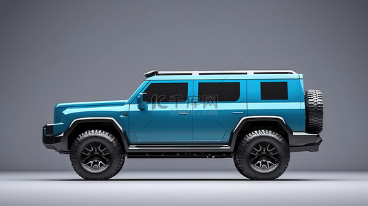 时尚的蓝色 SUV 准备在单色背景侧视图 3D 渲染上冒险