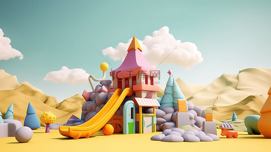 风景如画的山峦和云彩中嬉戏的儿童游乐场的 3D 插图