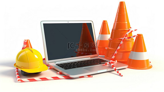 网站正在建设中背景图片_施工区笔记本电脑，带正在施工的胶带塔式起重机和白色背景 3D 渲染上的橙色交通锥